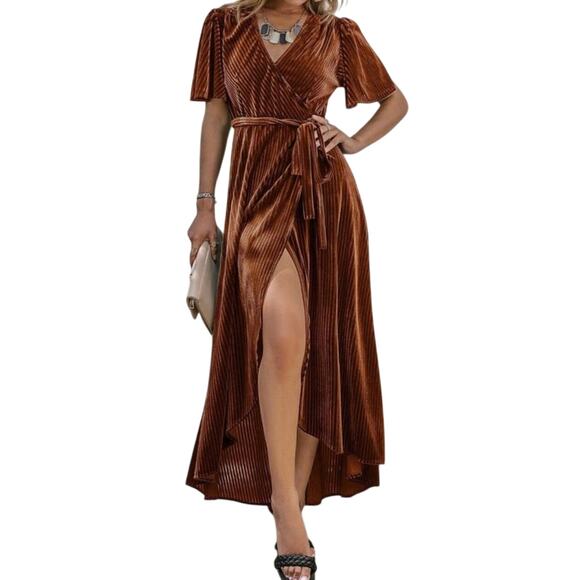 Simplee Dresses & Skirts - Simplee velvet high low flutter sleeve ribbed wrap dress party holiday cute M